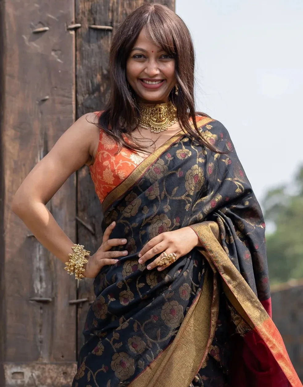 Readymade Ravishing Rust Blouse With Golden Zari Detailing