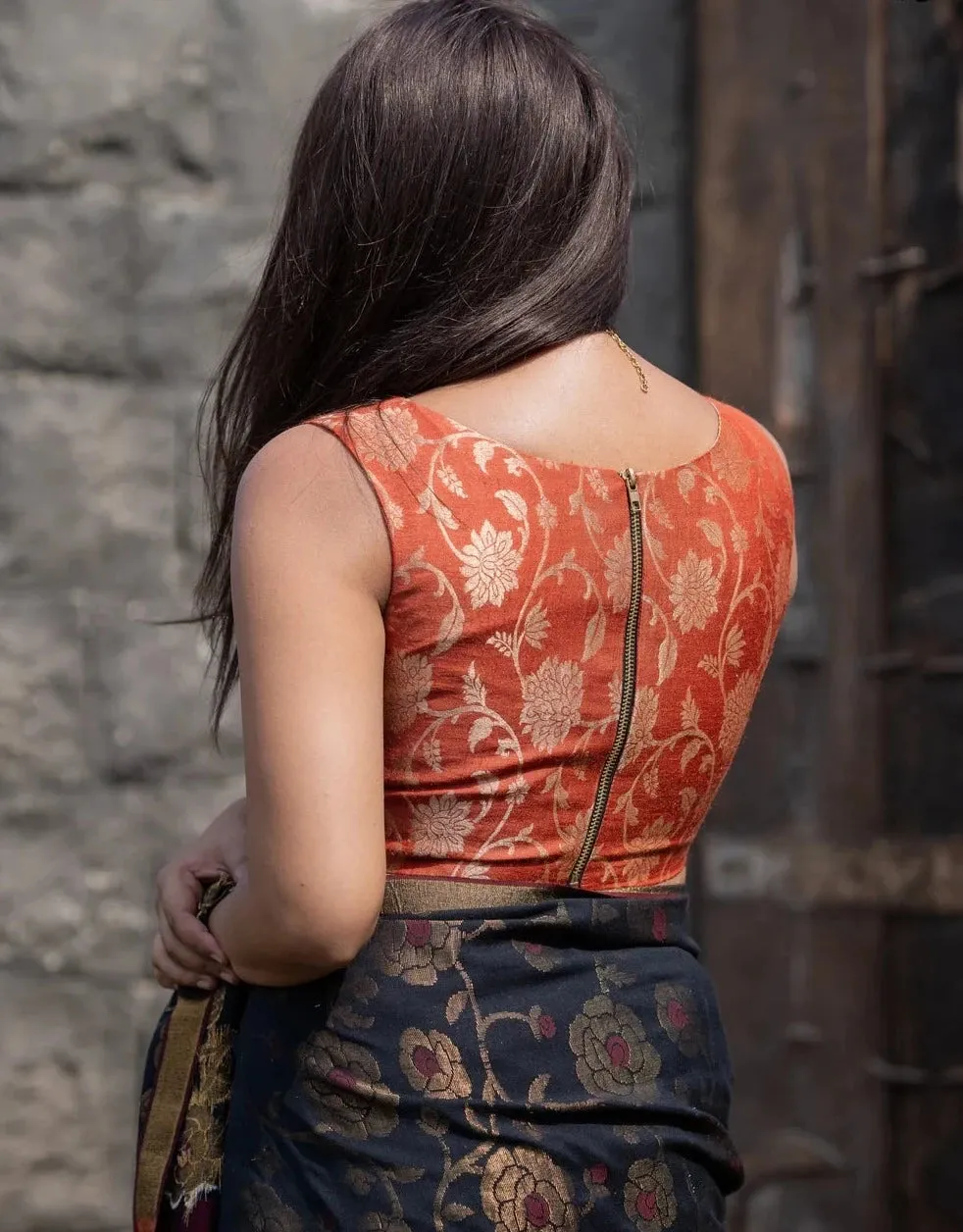 Readymade Ravishing Rust Blouse With Golden Zari Detailing