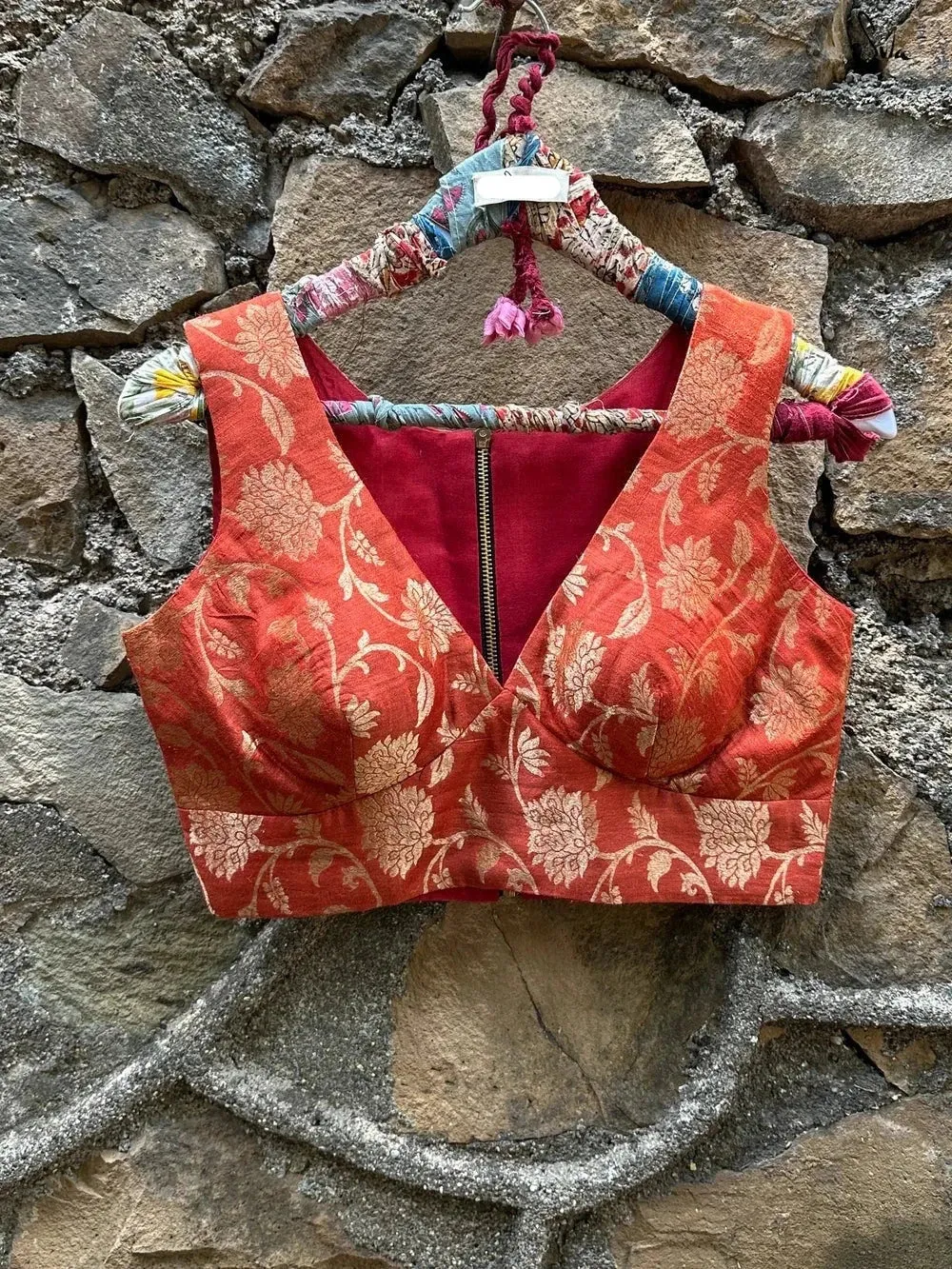 Readymade Ravishing Rust Blouse With Golden Zari Detailing