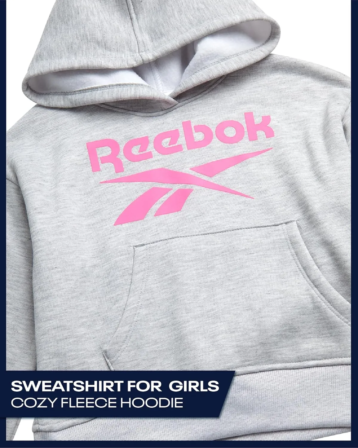 Reebok Girls' Hoodie - Soft Spun Fleece Pullover Sweatshirt with Front Pockets - Athletic Hoodies for Girls (7-12)
