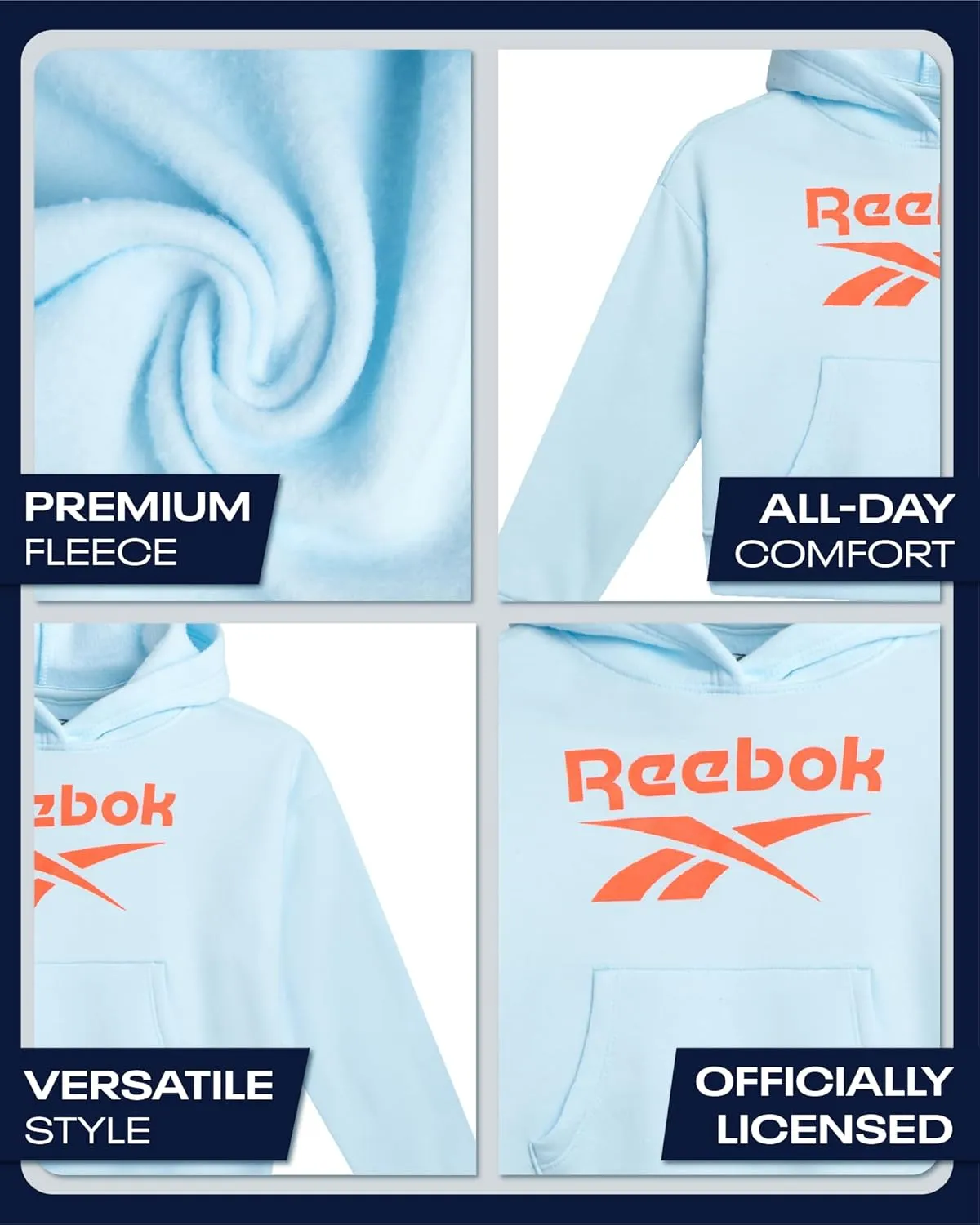 Reebok Girls' Hoodie - Soft Spun Fleece Pullover Sweatshirt with Front Pockets - Athletic Hoodies for Girls (7-12)