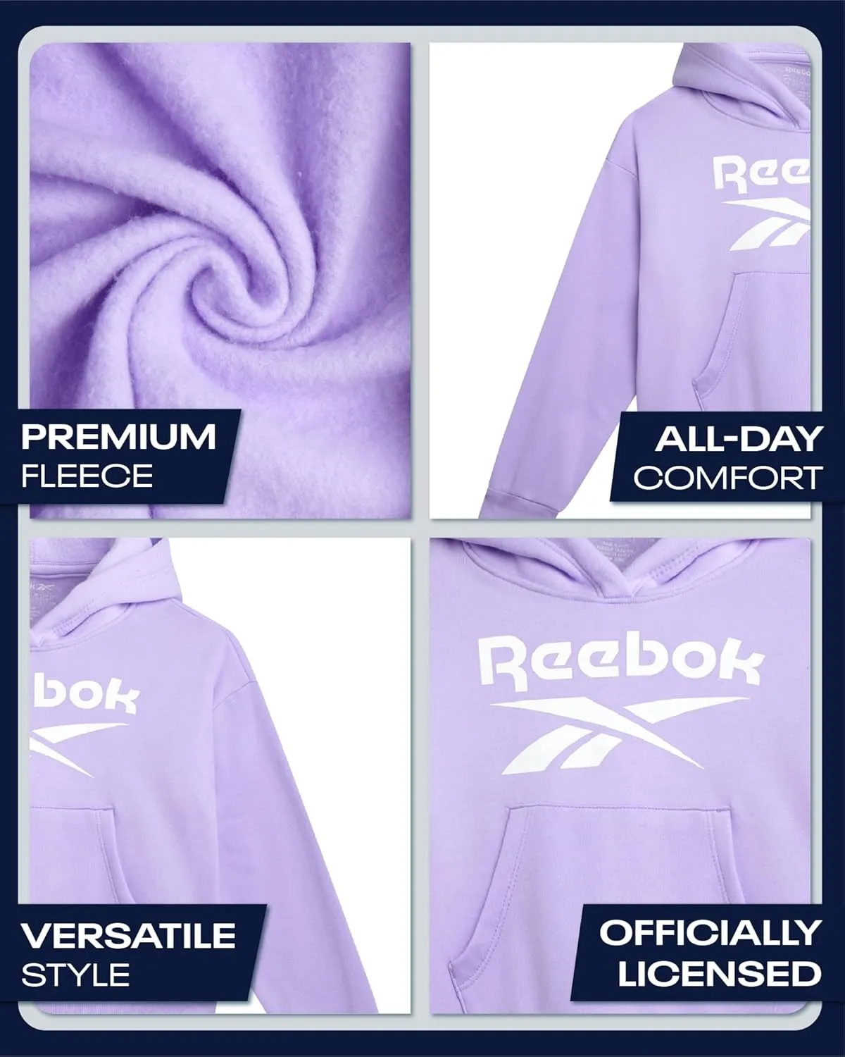 Reebok Girls' Hoodie - Soft Spun Fleece Pullover Sweatshirt with Front Pockets - Athletic Hoodies for Girls (7-12)