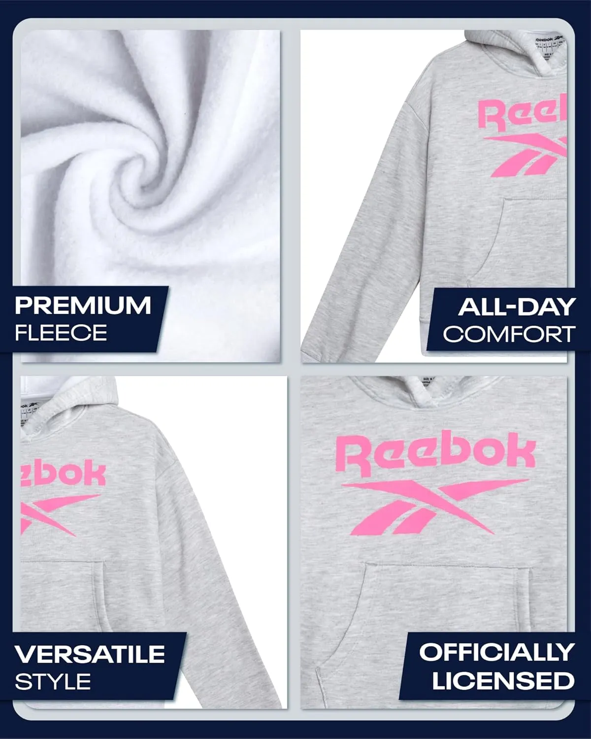 Reebok Girls' Hoodie - Soft Spun Fleece Pullover Sweatshirt with Front Pockets - Athletic Hoodies for Girls (7-12)