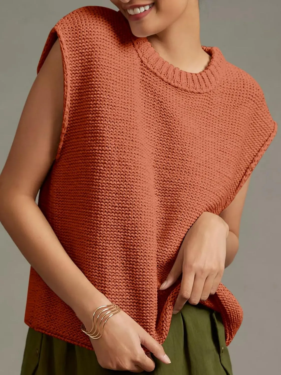 Saodimallsu Womens Sleeveless Crewneck Sweaters Ribbed Knit Tank Tops 2025 Trendy Sweater Vest