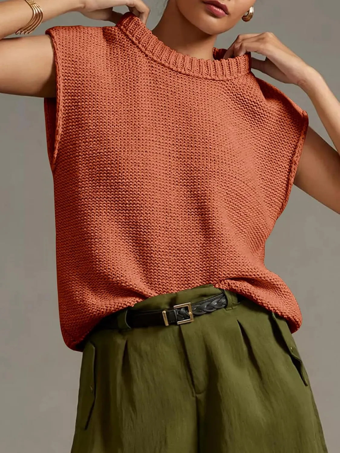 Saodimallsu Womens Sleeveless Crewneck Sweaters Ribbed Knit Tank Tops 2025 Trendy Sweater Vest