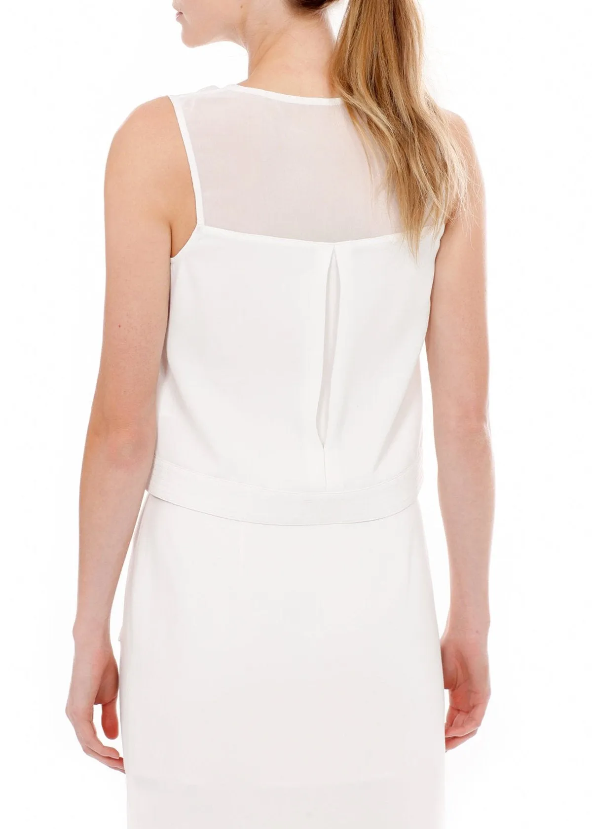 Sleeveless Zip Up Mesh Contrast Blouse