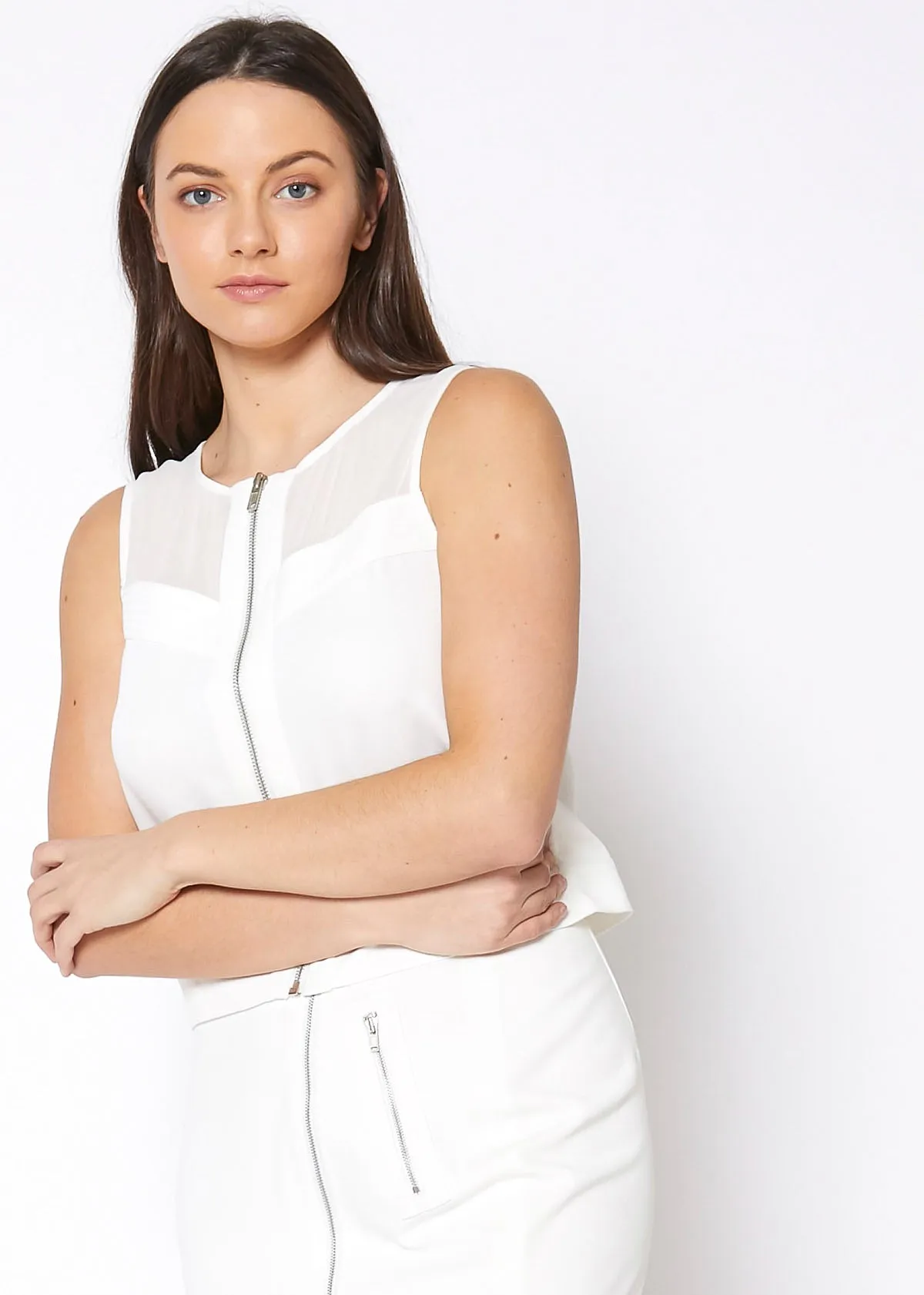 Sleeveless Zip Up Mesh Contrast Blouse