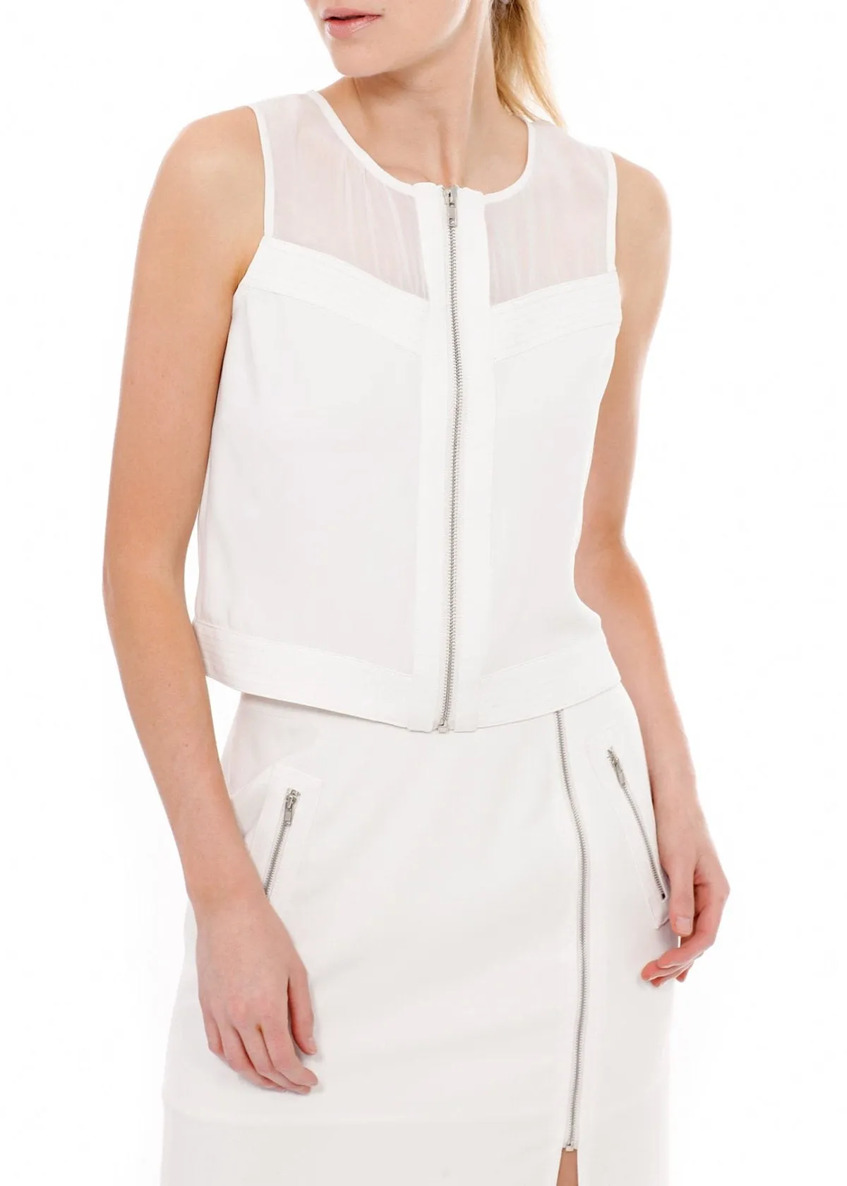 Sleeveless Zip Up Mesh Contrast Blouse