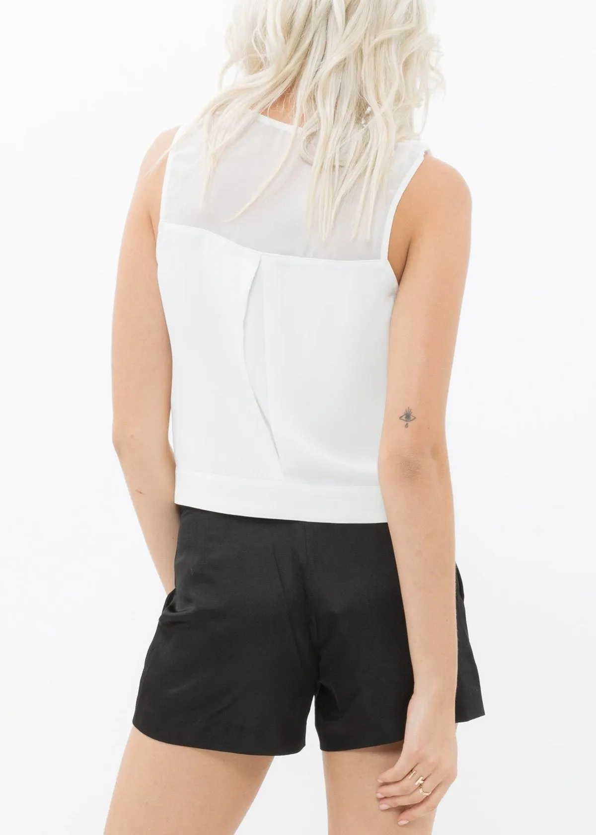 Sleeveless Zip Up Mesh Contrast Blouse
