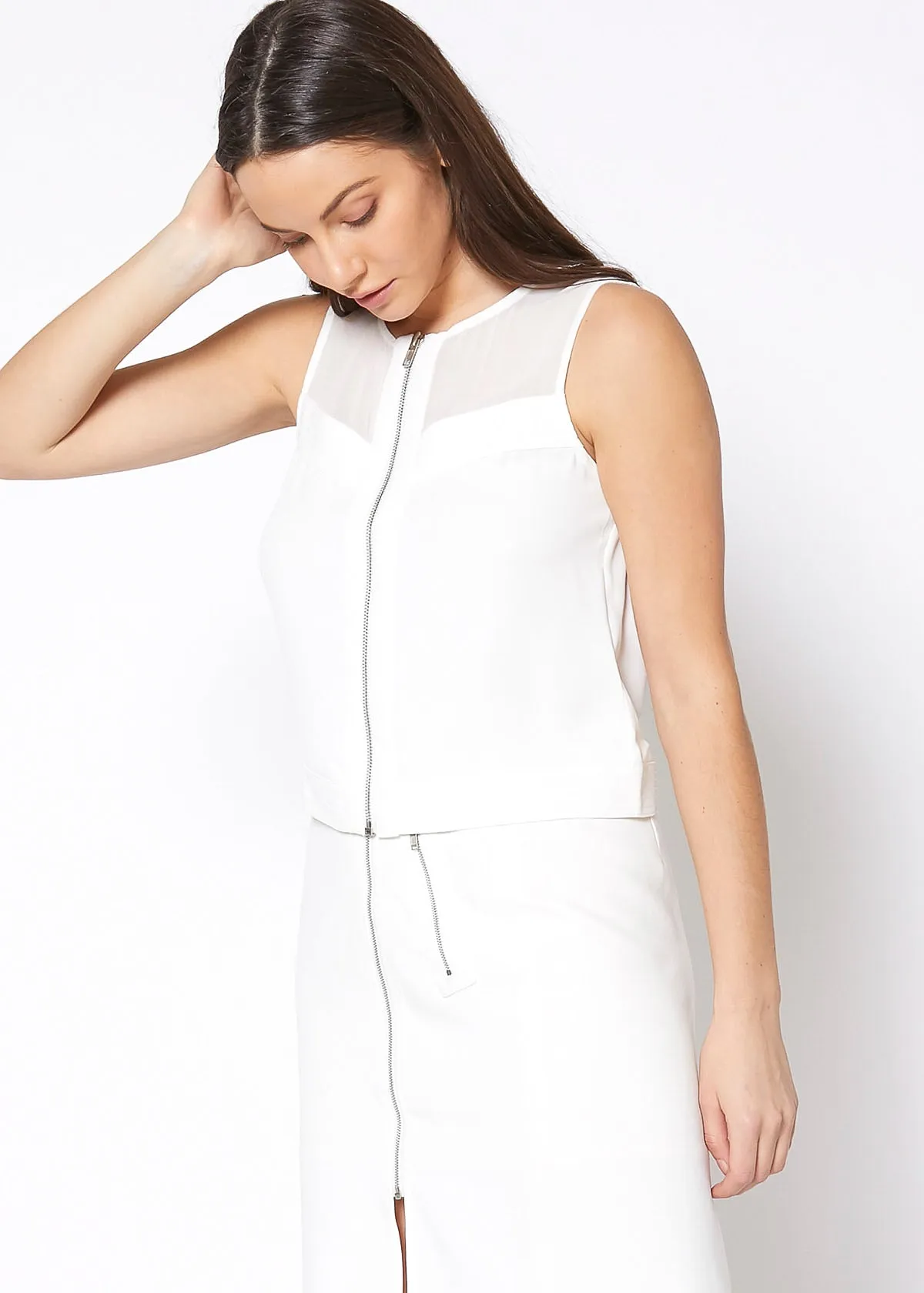 Sleeveless Zip Up Mesh Contrast Blouse
