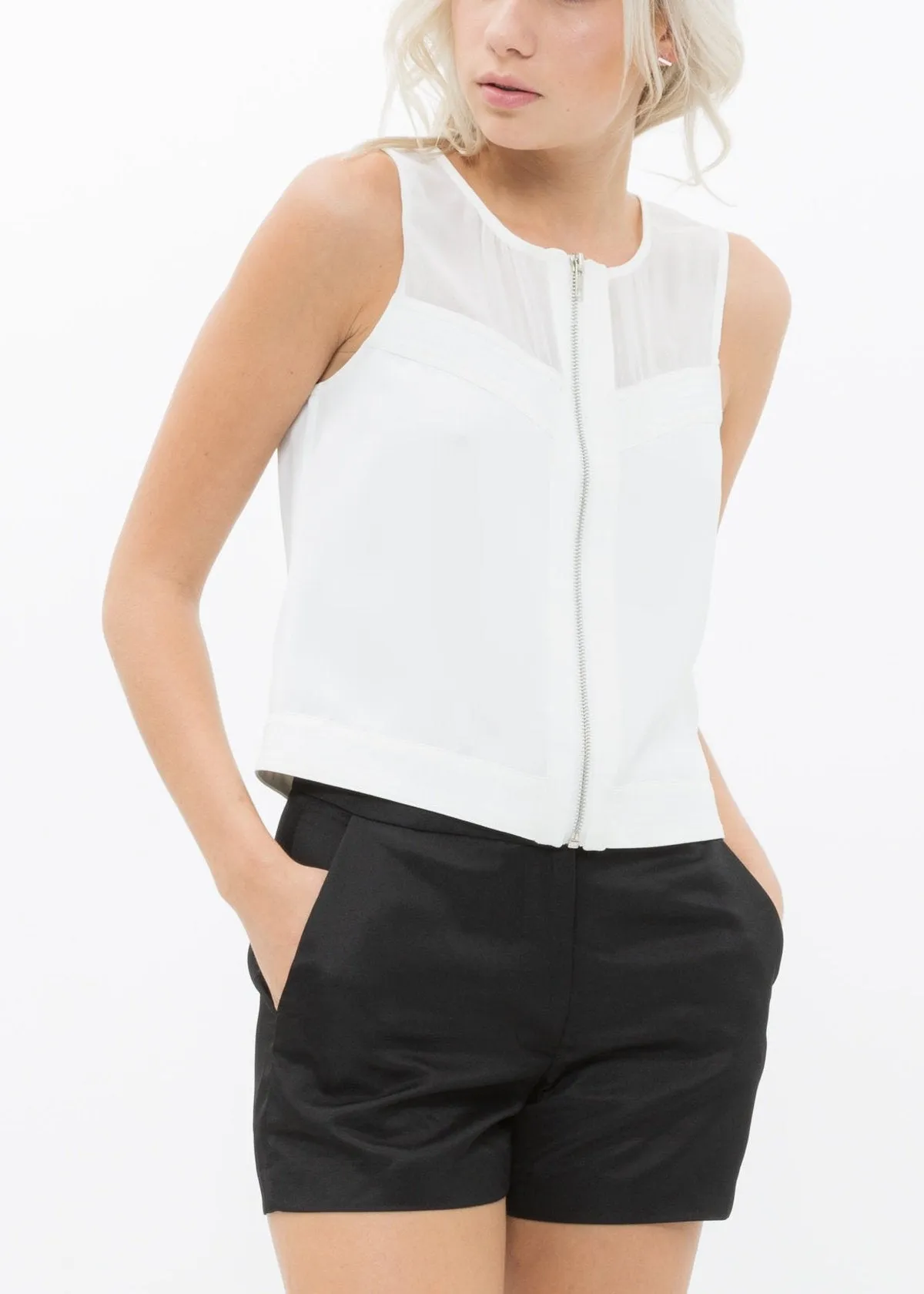 Sleeveless Zip Up Mesh Contrast Blouse