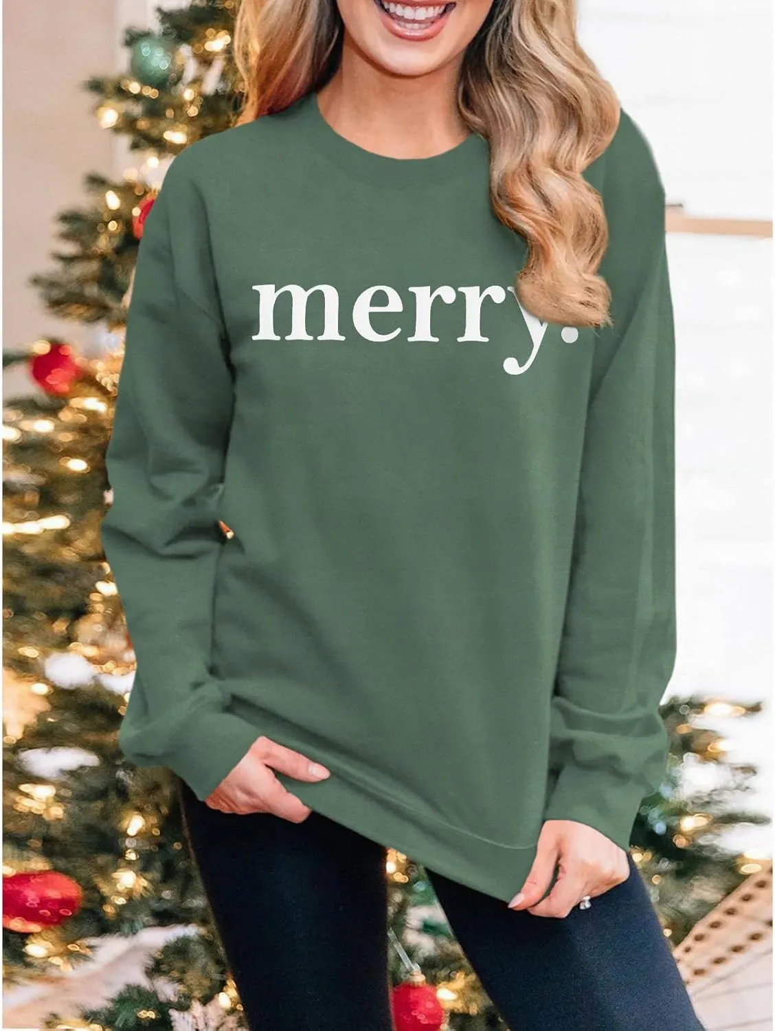 SOFEON Merry Christmas Sweatshirts For Women Holiday Long Sleeve Shirts Letter Print Crewneck Pullover Oversized Tops