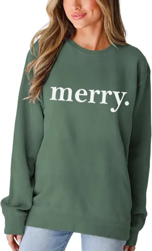 SOFEON Merry Christmas Sweatshirts For Women Holiday Long Sleeve Shirts Letter Print Crewneck Pullover Oversized Tops