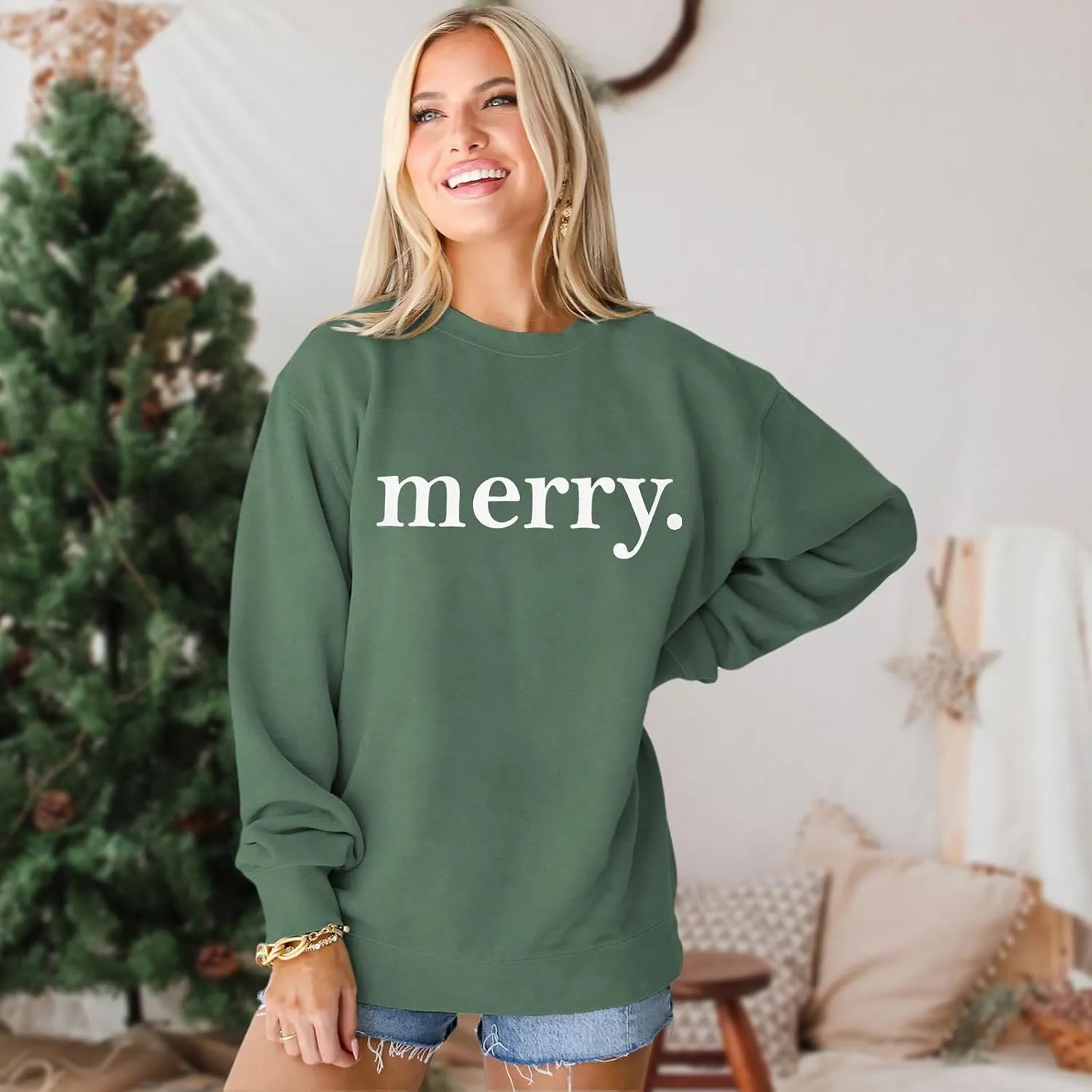 SOFEON Merry Christmas Sweatshirts For Women Holiday Long Sleeve Shirts Letter Print Crewneck Pullover Oversized Tops