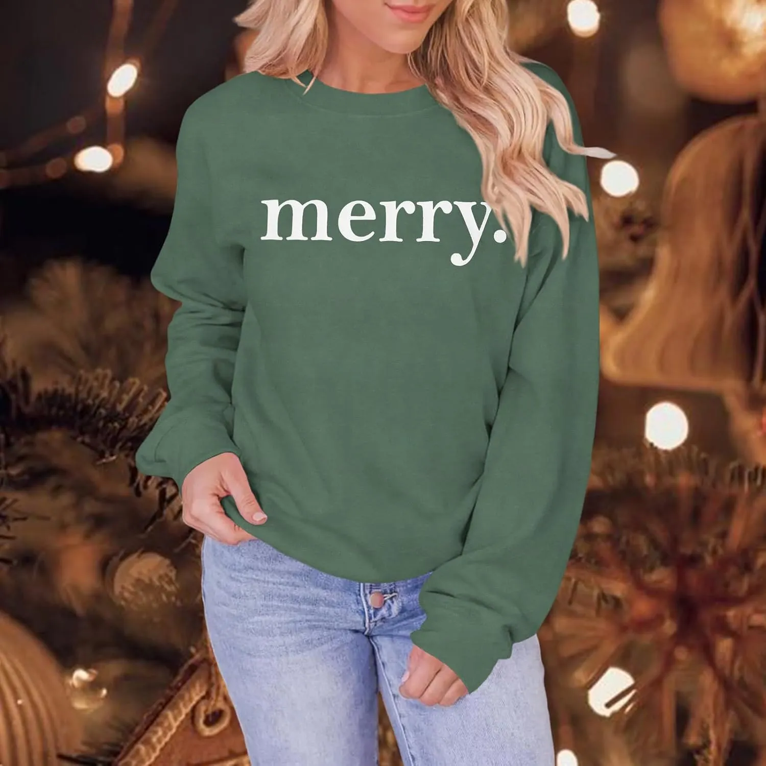 SOFEON Merry Christmas Sweatshirts For Women Holiday Long Sleeve Shirts Letter Print Crewneck Pullover Oversized Tops