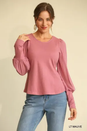 Soft Knit and Chiffon Mixed Top with Puff Long Sleeves