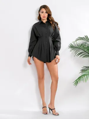 Solid Color Ruffle Deep V Tie Waist Mini Dress