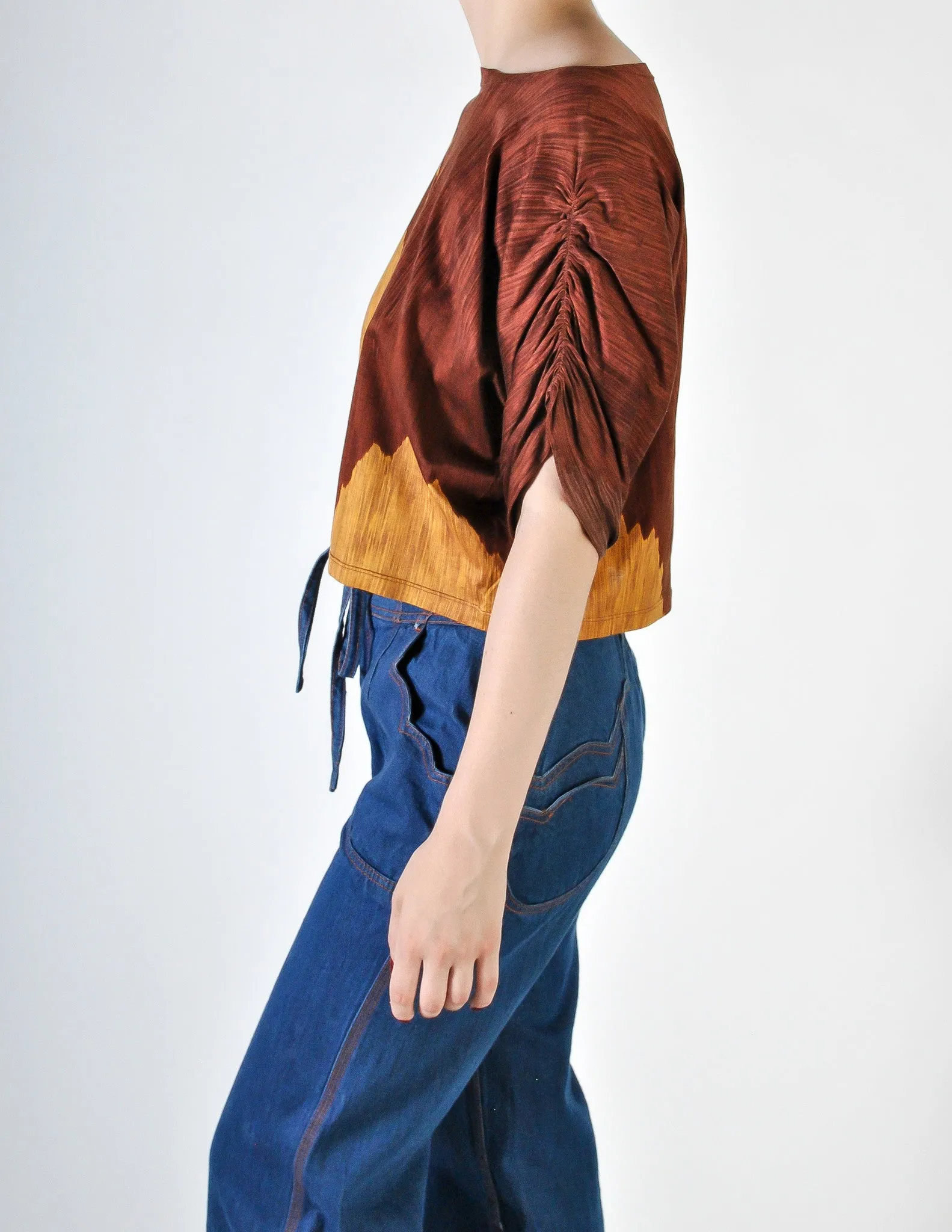 Spazio Vintage Brown Graphic Patterned Cropped Top