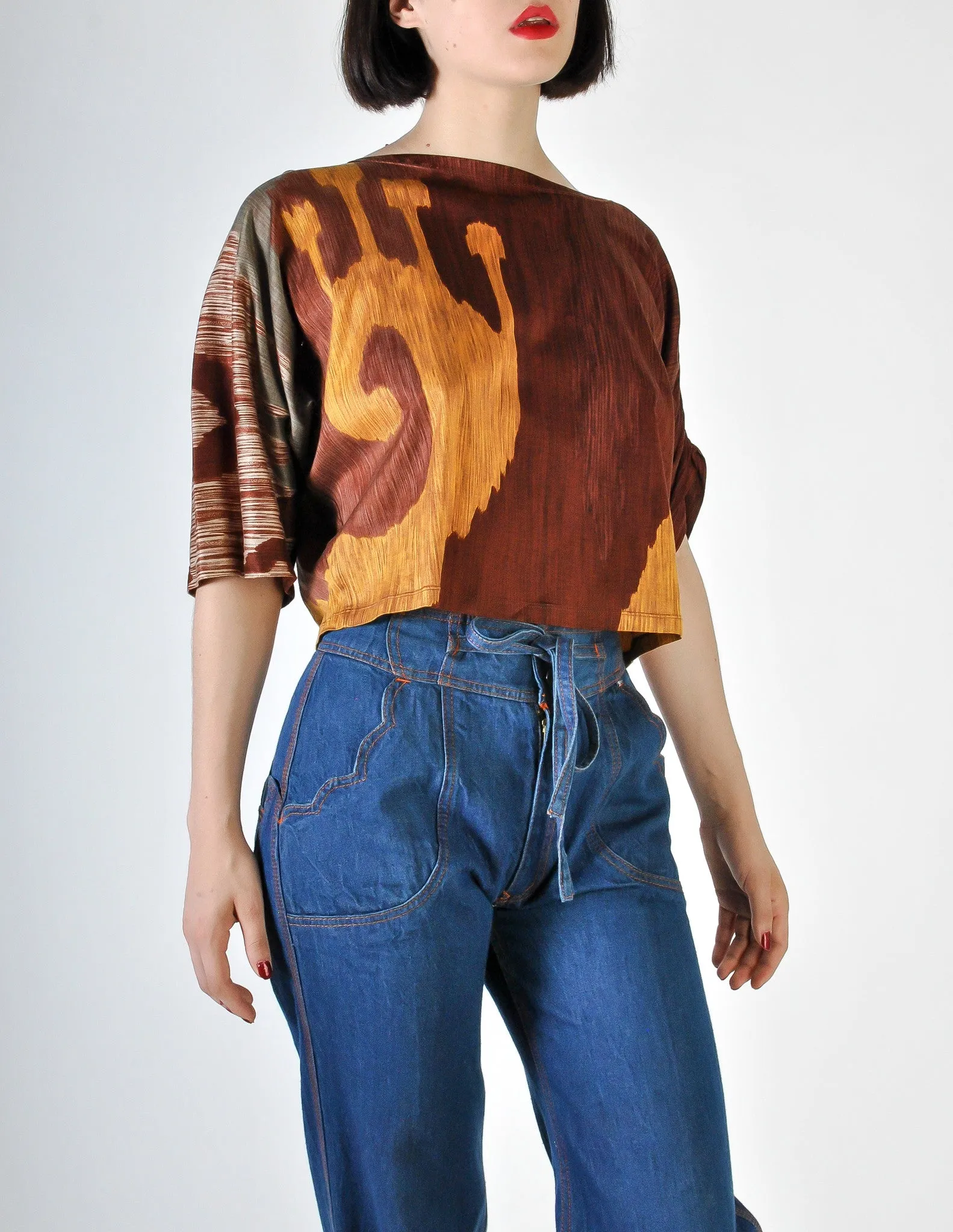 Spazio Vintage Brown Graphic Patterned Cropped Top