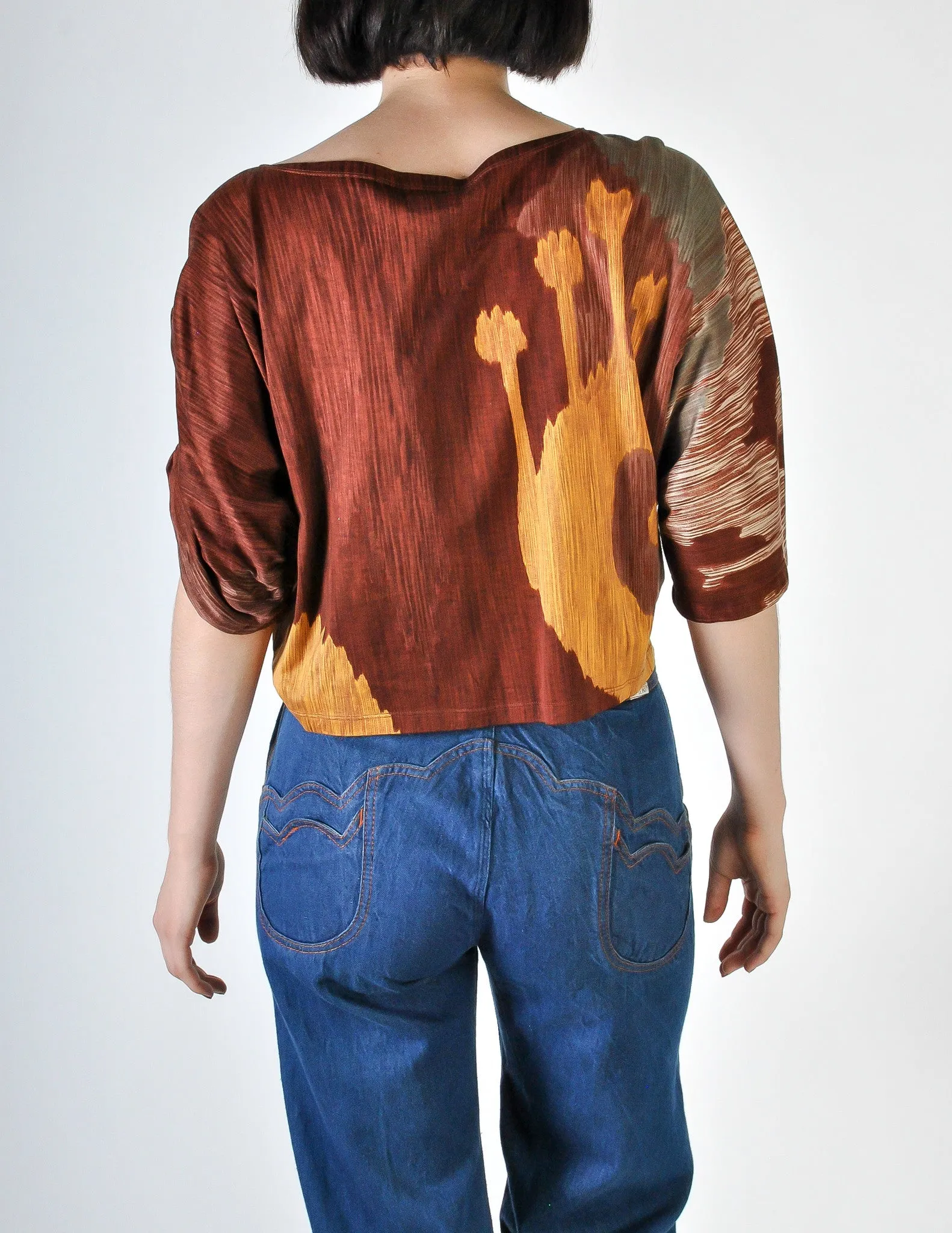 Spazio Vintage Brown Graphic Patterned Cropped Top