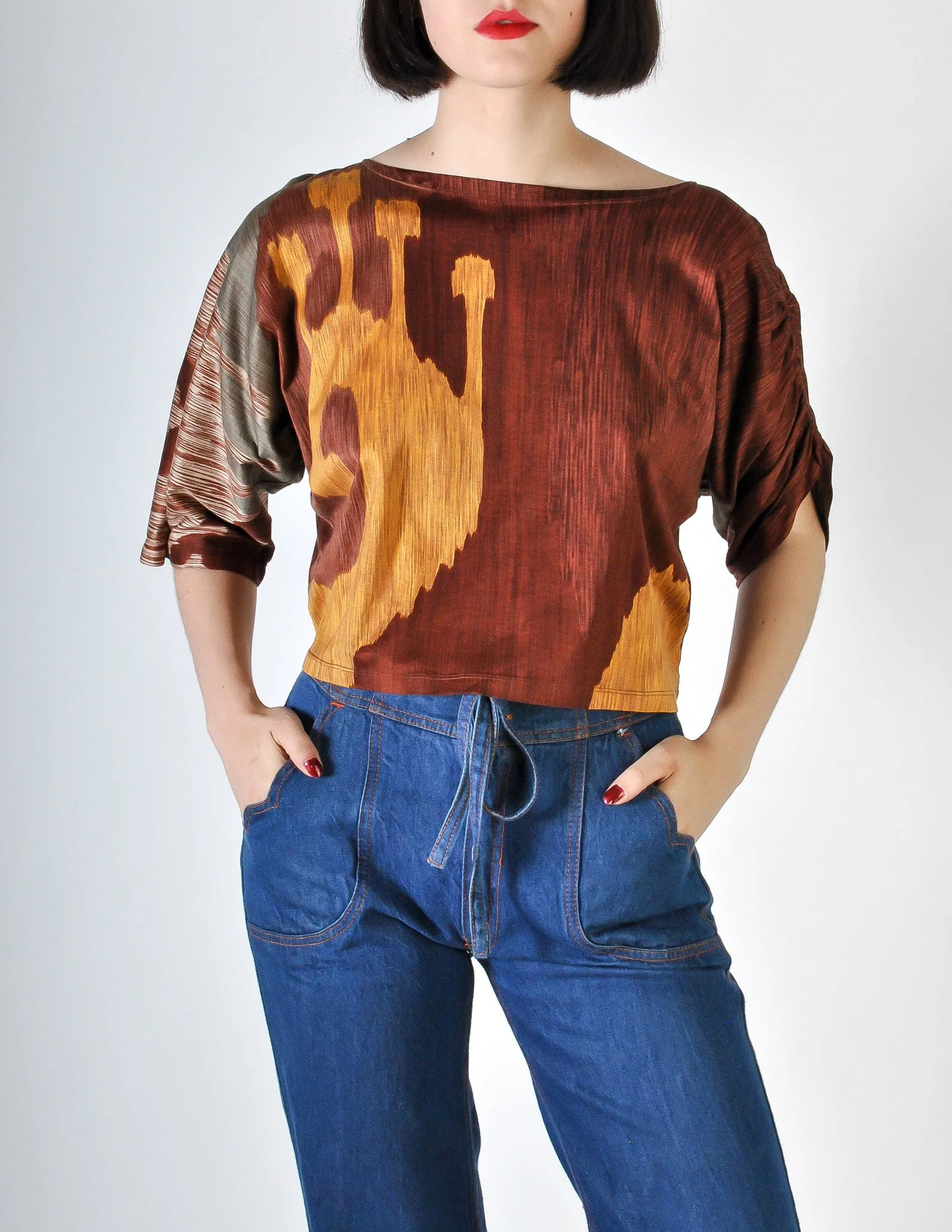 Spazio Vintage Brown Graphic Patterned Cropped Top