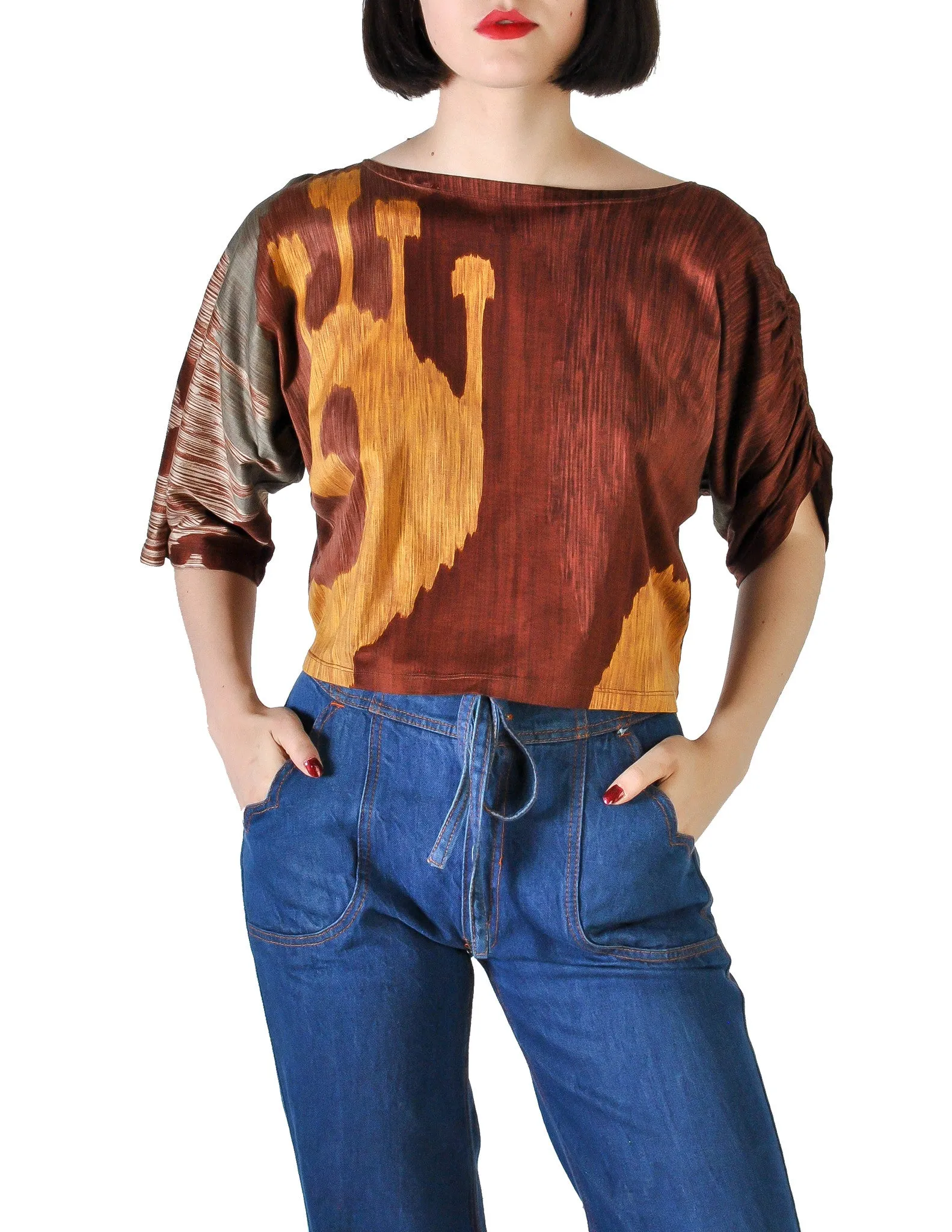 Spazio Vintage Brown Graphic Patterned Cropped Top