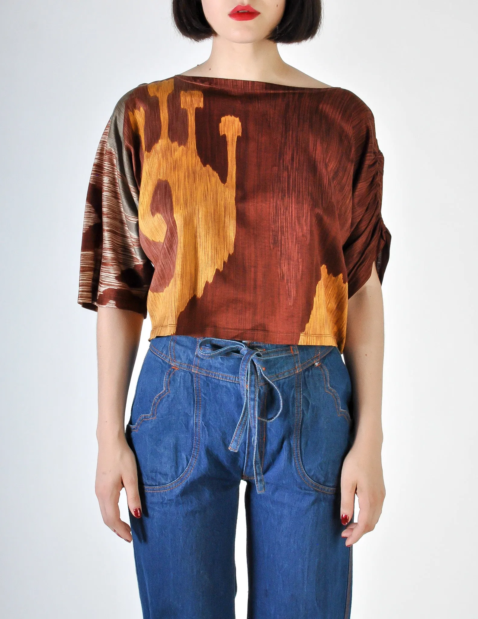Spazio Vintage Brown Graphic Patterned Cropped Top