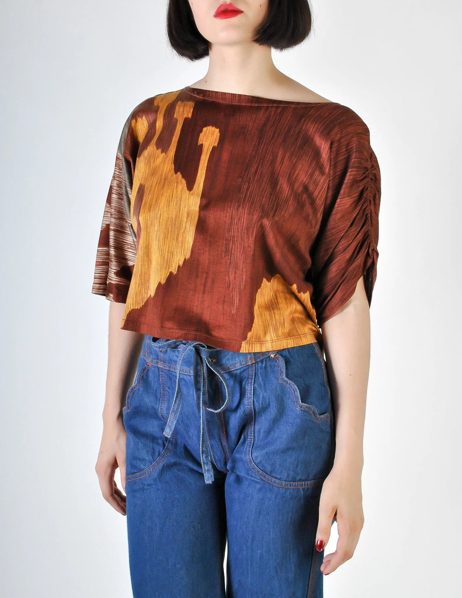 Spazio Vintage Brown Graphic Patterned Cropped Top