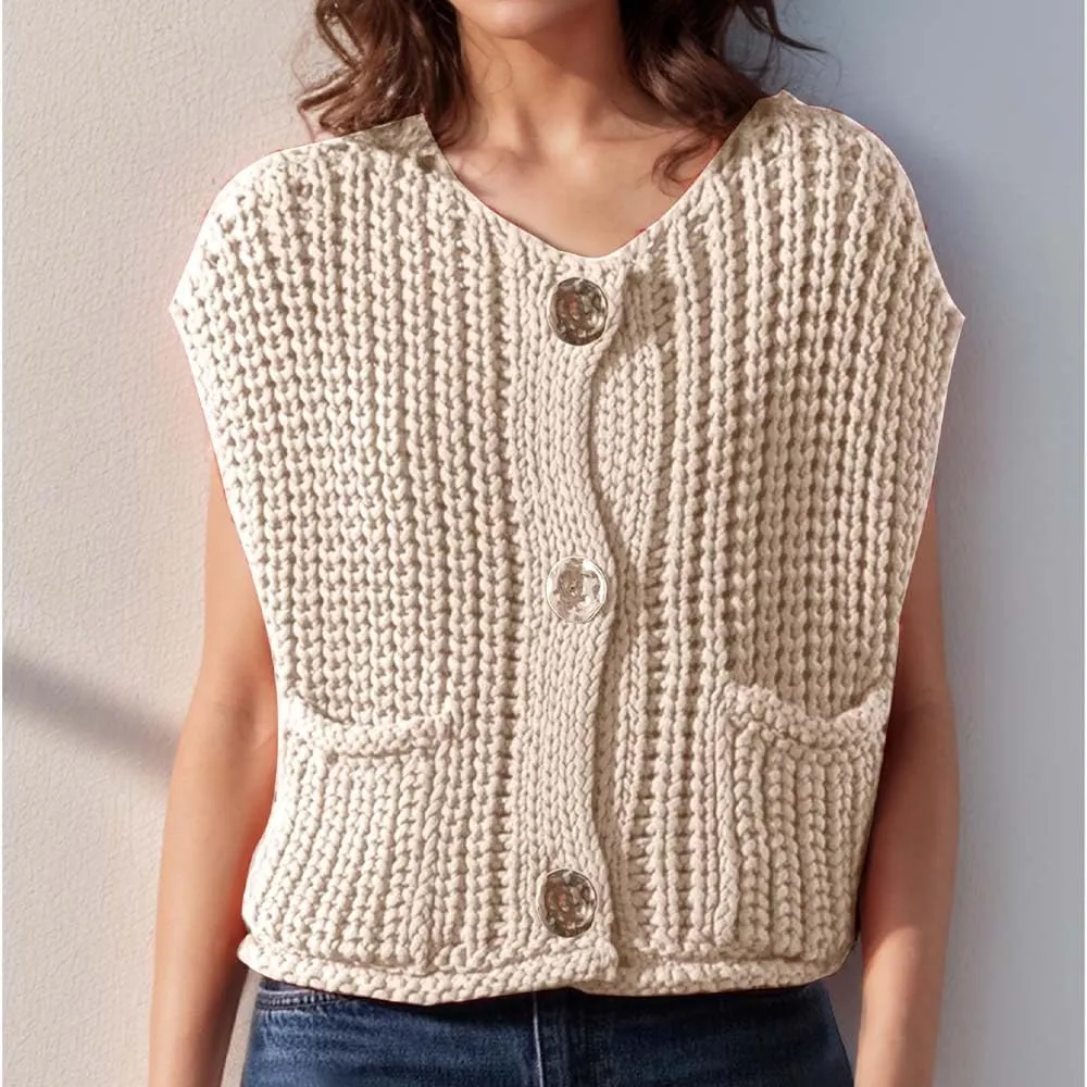 Sumleno Womens Trendy Knit Sweater Vest Solid Button Down Chunky Sleeveless Crochet Cardigan Y2k Crop Tank Tops Streetwear