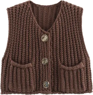 Sumleno Womens Trendy Knit Sweater Vest Solid Button Down Chunky Sleeveless Crochet Cardigan Y2k Crop Tank Tops Streetwear