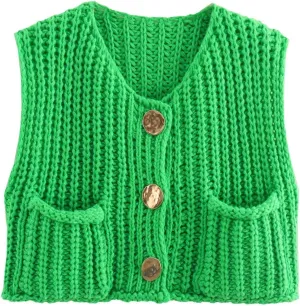 Sumleno Womens Trendy Knit Sweater Vest Solid Button Down Chunky Sleeveless Crochet Cardigan Y2k Crop Tank Tops Streetwear