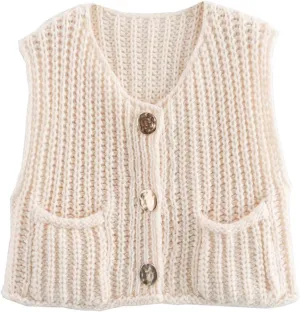 Sumleno Womens Trendy Knit Sweater Vest Solid Button Down Chunky Sleeveless Crochet Cardigan Y2k Crop Tank Tops Streetwear