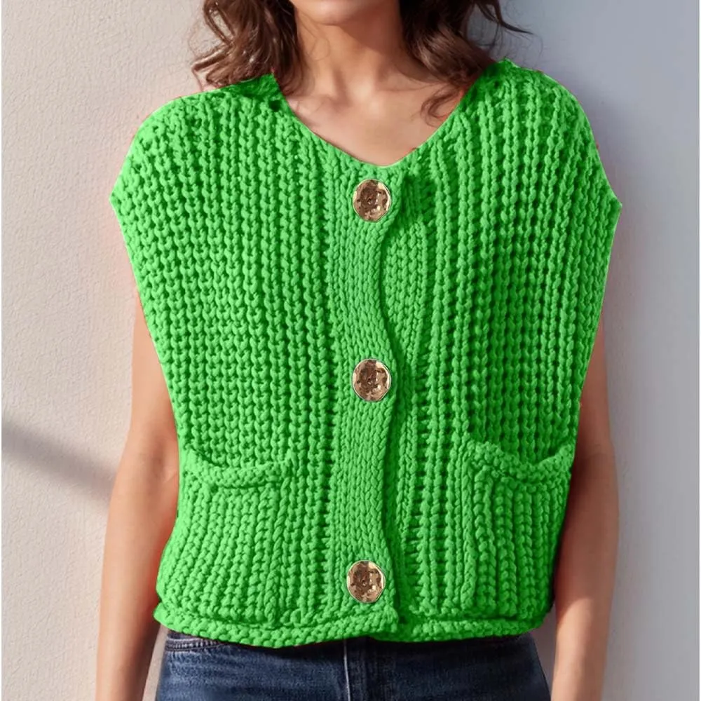 Sumleno Womens Trendy Knit Sweater Vest Solid Button Down Chunky Sleeveless Crochet Cardigan Y2k Crop Tank Tops Streetwear