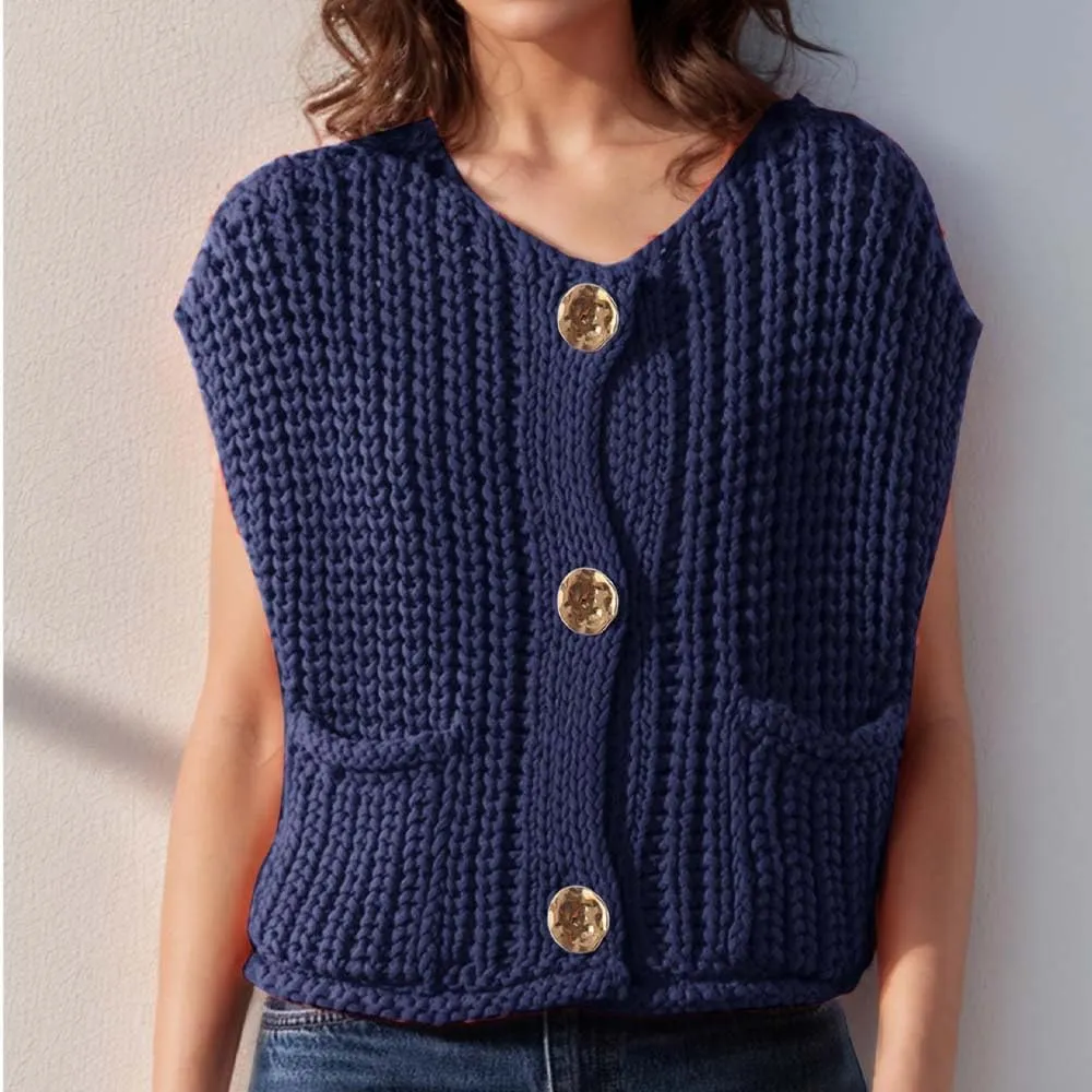 Sumleno Womens Trendy Knit Sweater Vest Solid Button Down Chunky Sleeveless Crochet Cardigan Y2k Crop Tank Tops Streetwear