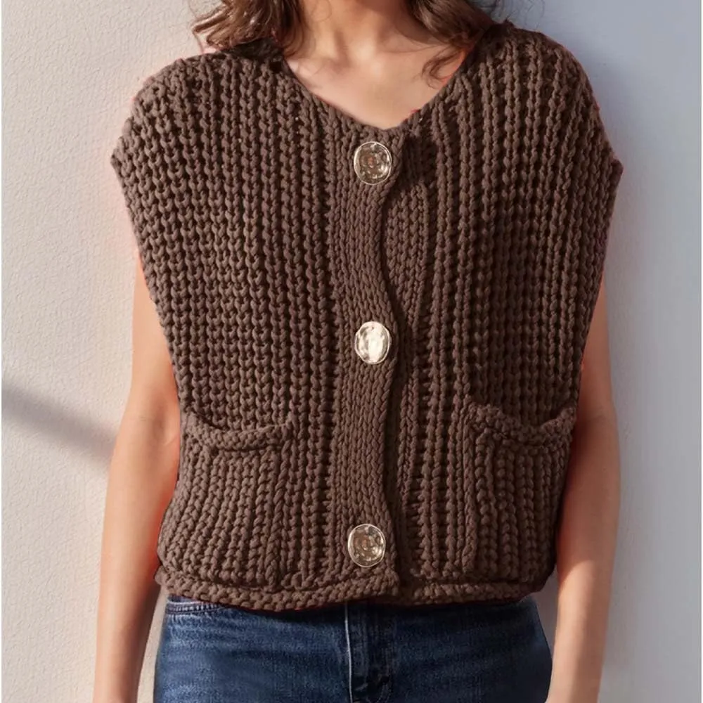 Sumleno Womens Trendy Knit Sweater Vest Solid Button Down Chunky Sleeveless Crochet Cardigan Y2k Crop Tank Tops Streetwear