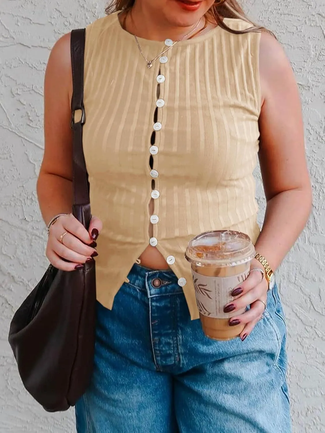 Tankaneo Womens Going Out Tops Summer Cute Ribbed Tank Crop Button Up Vest Top Y2K Sexy Outfits