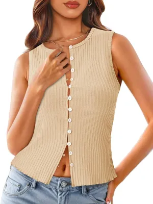 Tankaneo Womens Going Out Tops Summer Cute Ribbed Tank Crop Button Up Vest Top Y2K Sexy Outfits