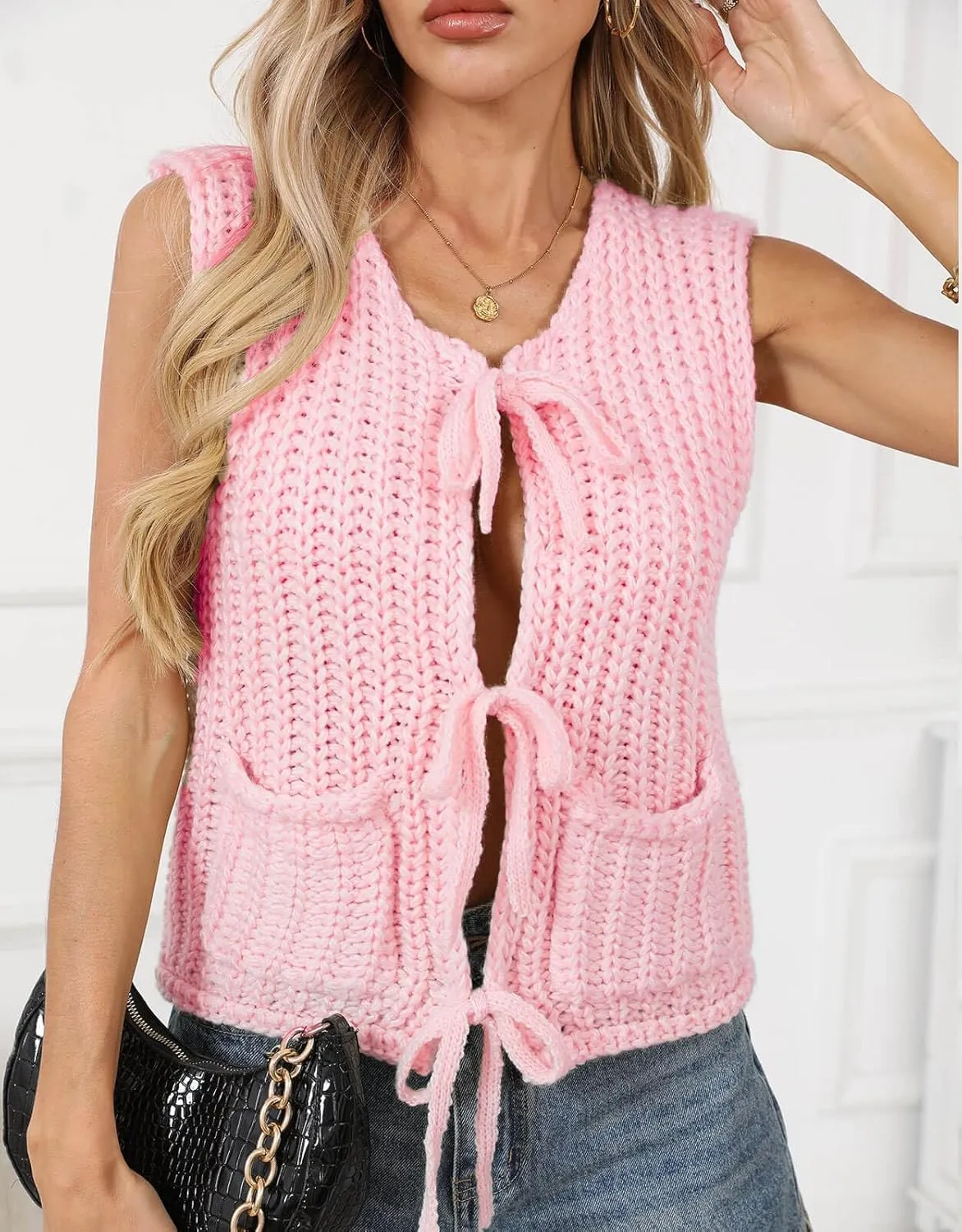 Trendy Cardigan Sweater Vest for Women Crochet Chunky Knit Top Sleeveless Bows Bandage Crop Tops with Pockets