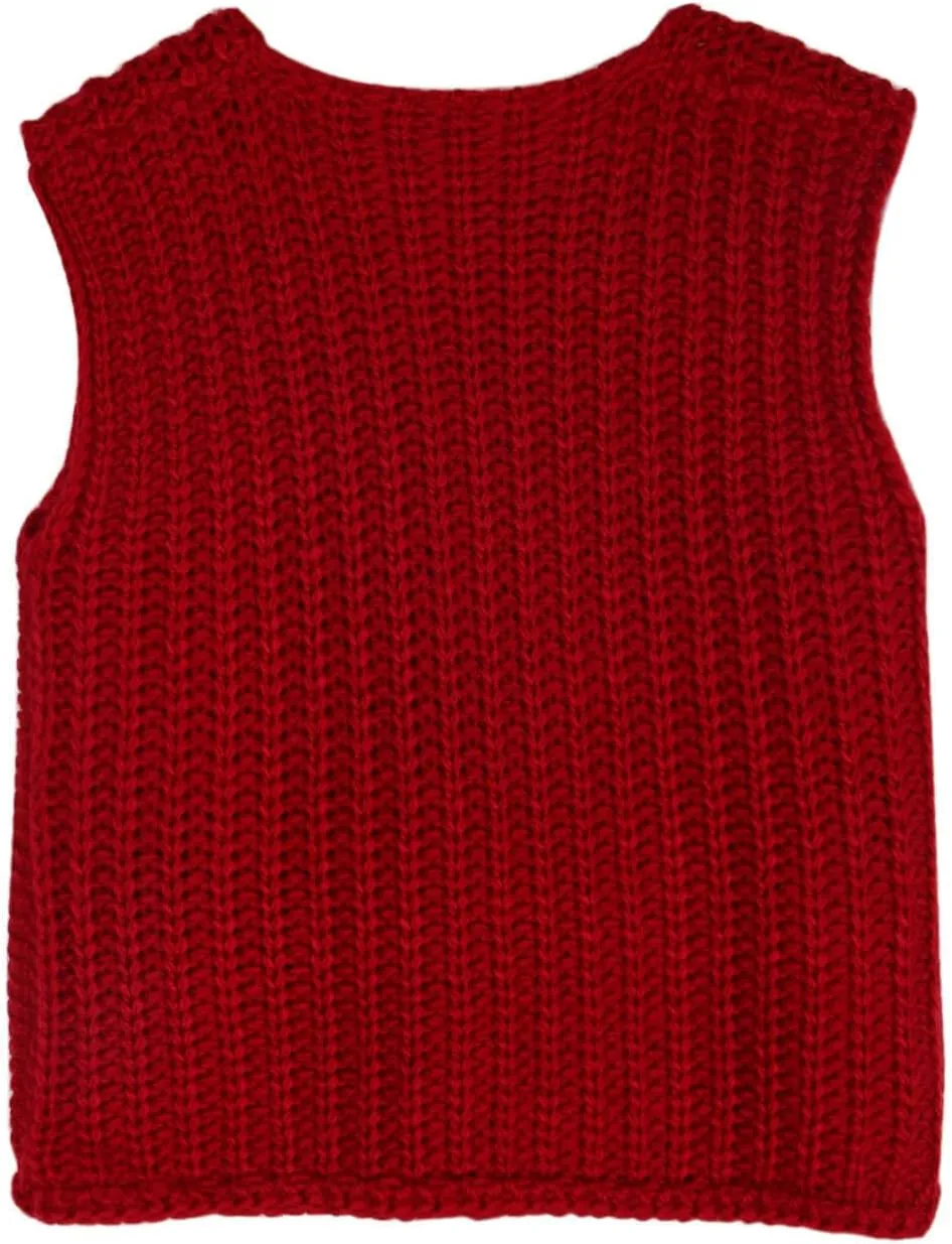 Trendy Cardigan Sweater Vest for Women Crochet Chunky Knit Top Sleeveless Bows Bandage Crop Tops with Pockets