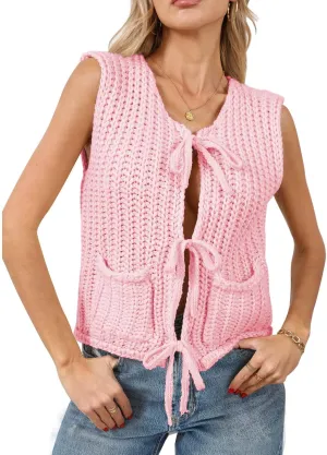 Trendy Cardigan Sweater Vest for Women Crochet Chunky Knit Top Sleeveless Bows Bandage Crop Tops with Pockets