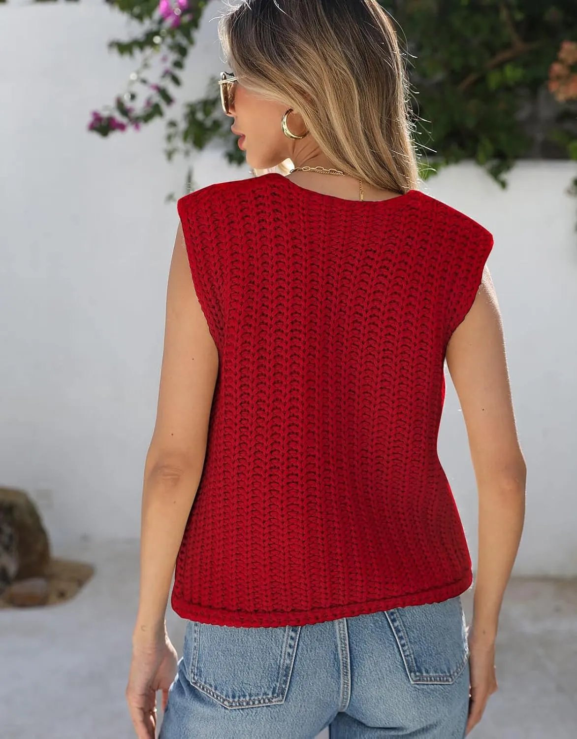 Trendy Cardigan Sweater Vest for Women Crochet Chunky Knit Top Sleeveless Bows Bandage Crop Tops with Pockets
