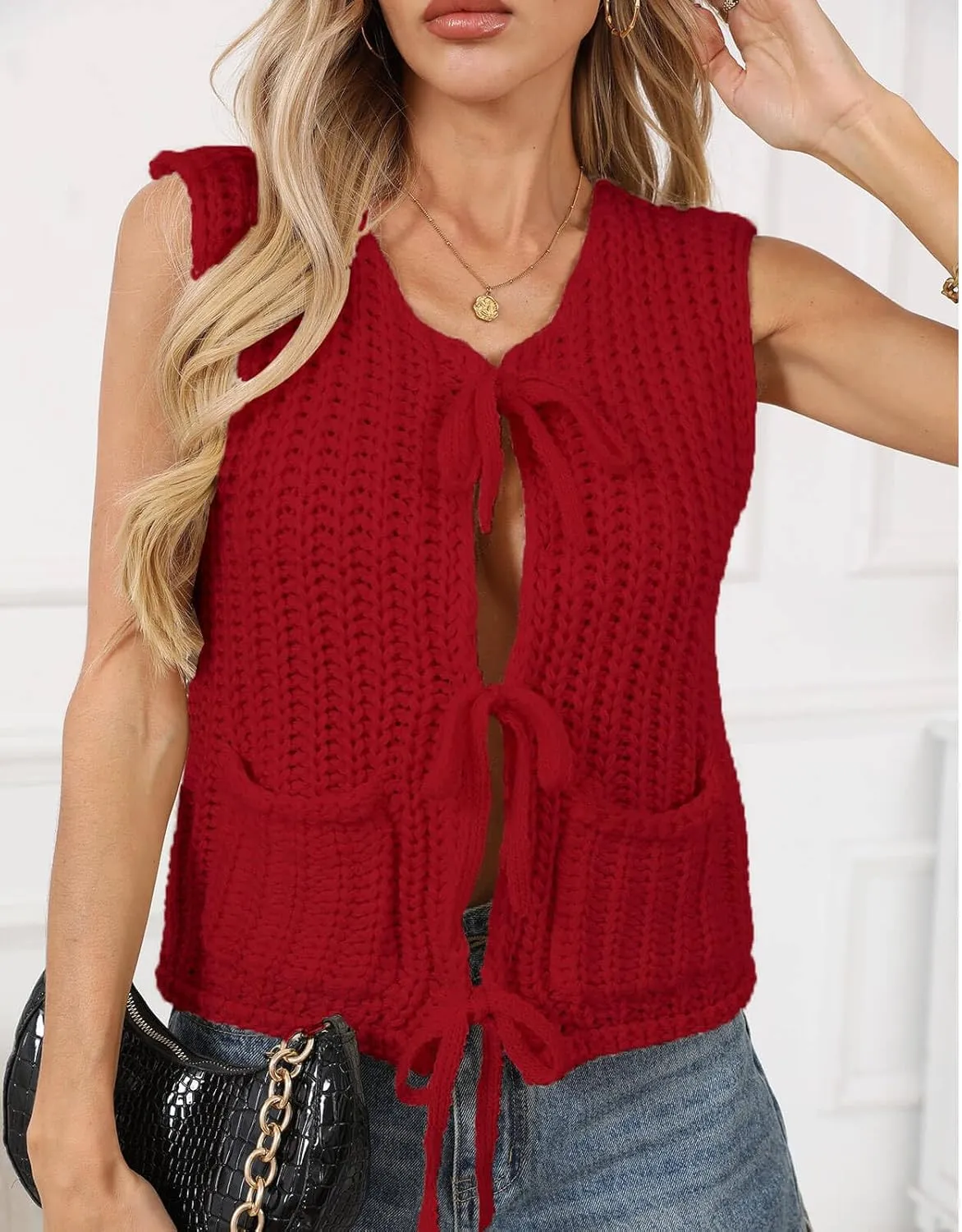 Trendy Cardigan Sweater Vest for Women Crochet Chunky Knit Top Sleeveless Bows Bandage Crop Tops with Pockets