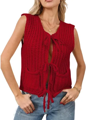 Trendy Cardigan Sweater Vest for Women Crochet Chunky Knit Top Sleeveless Bows Bandage Crop Tops with Pockets