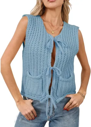 Trendy Cardigan Sweater Vest for Women Crochet Chunky Knit Top Sleeveless Bows Bandage Crop Tops with Pockets