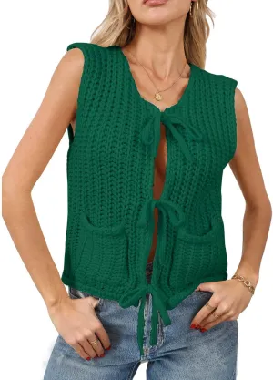 Trendy Cardigan Sweater Vest for Women Crochet Chunky Knit Top Sleeveless Bows Bandage Crop Tops with Pockets