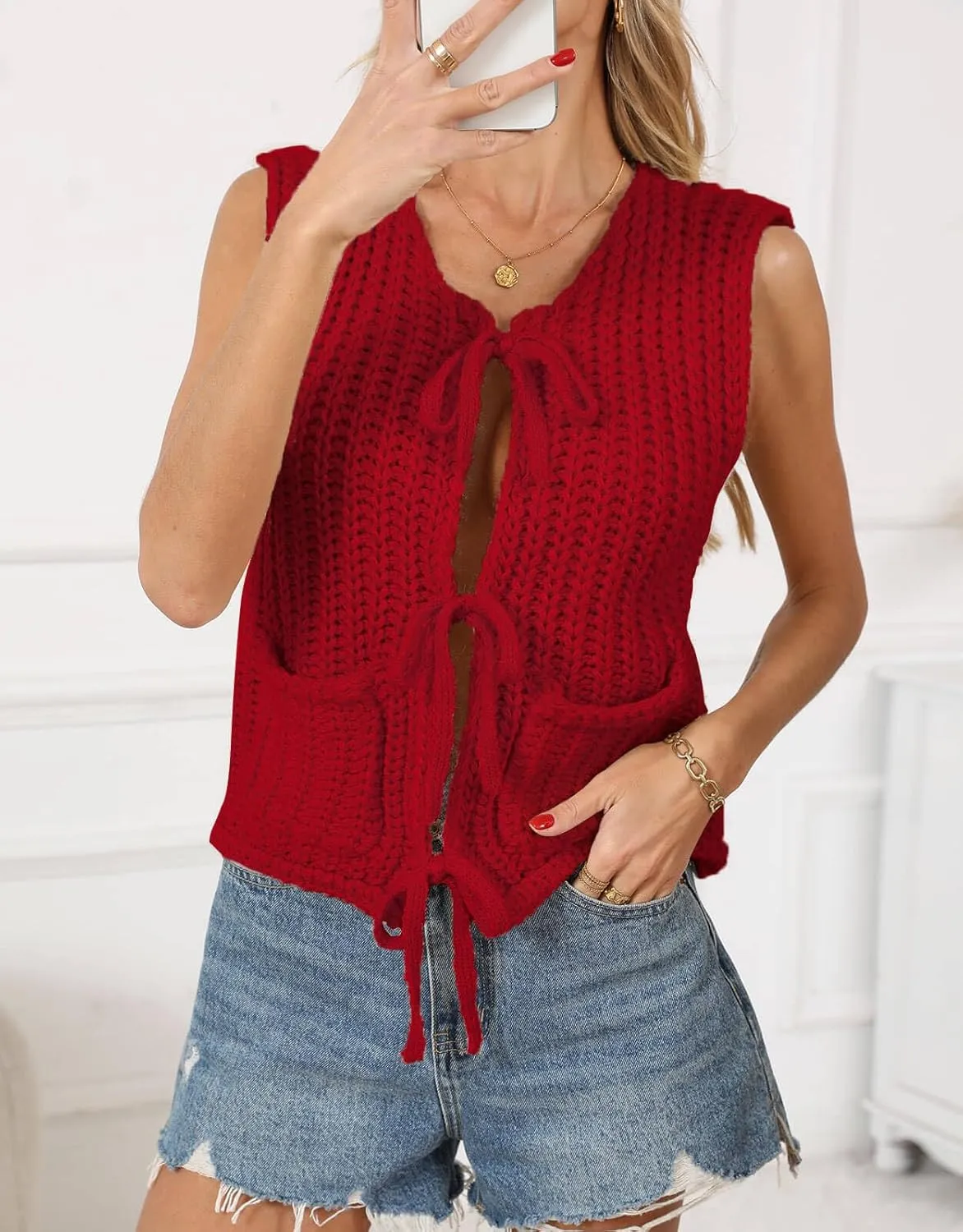 Trendy Cardigan Sweater Vest for Women Crochet Chunky Knit Top Sleeveless Bows Bandage Crop Tops with Pockets