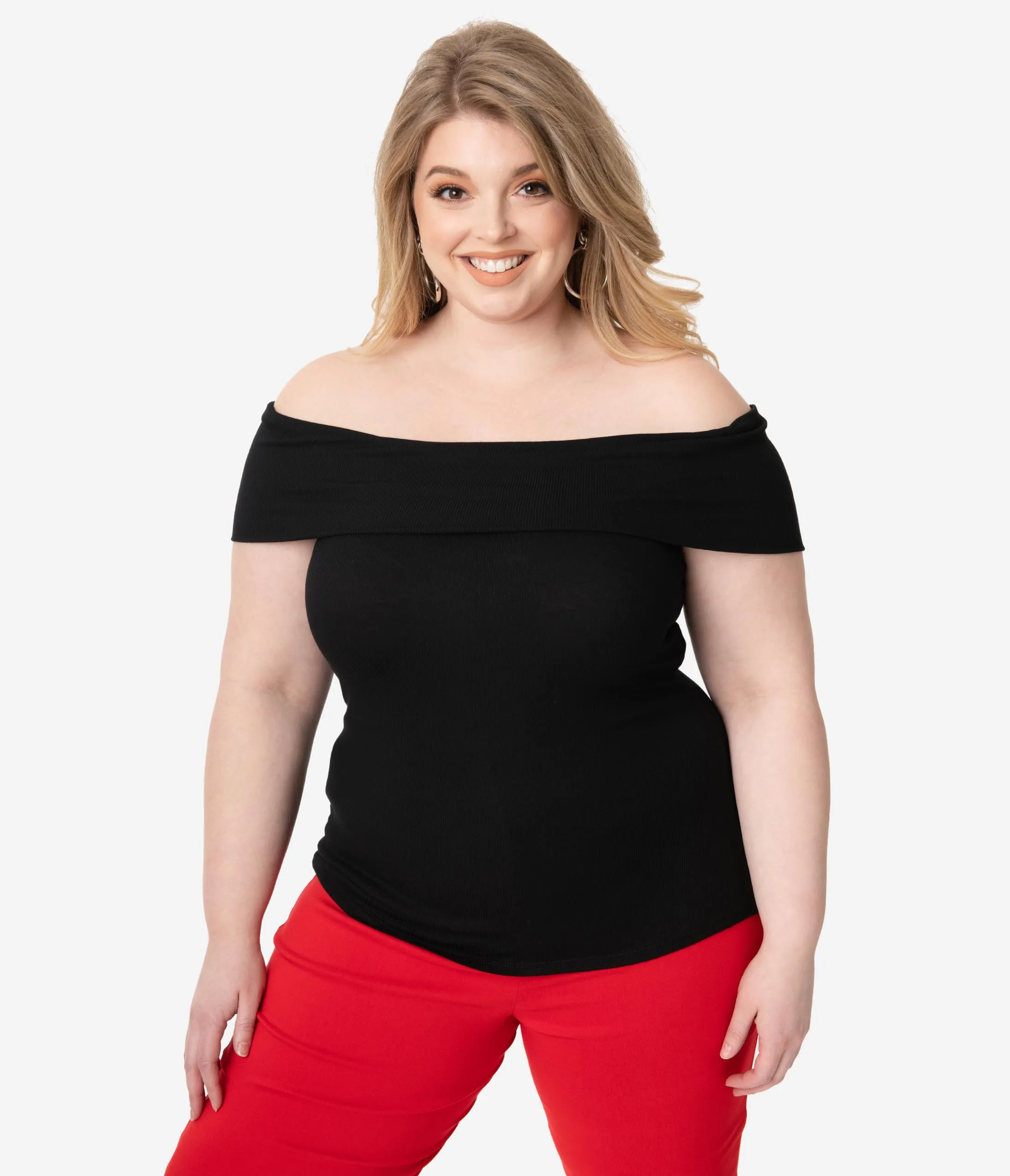 Unique Vintage Plus Size Black Ribbed Knit Off The Shoulder Imogen Top
