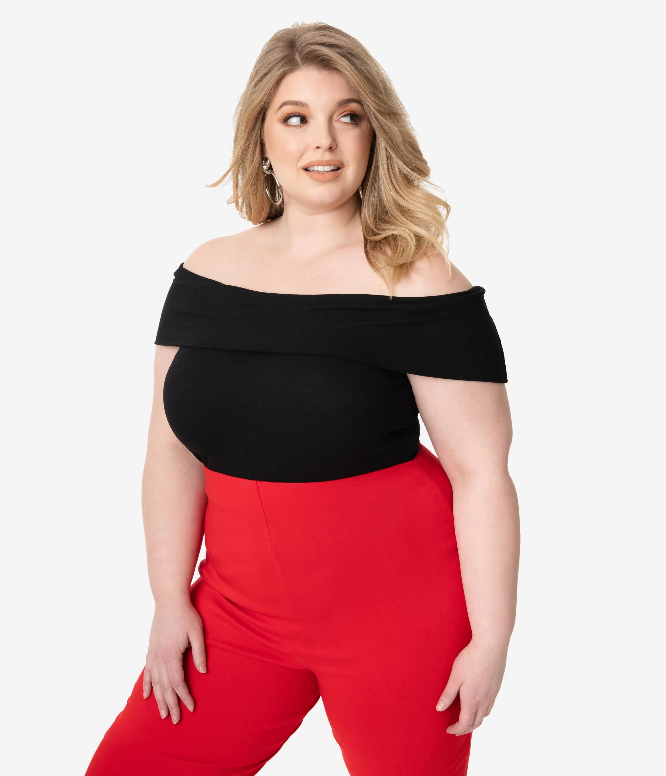 Unique Vintage Plus Size Black Ribbed Knit Off The Shoulder Imogen Top