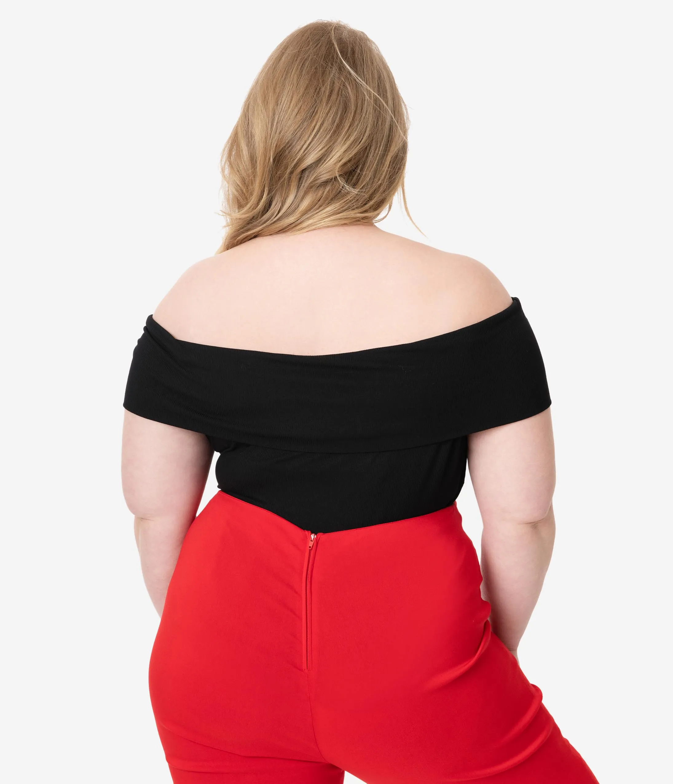 Unique Vintage Plus Size Black Ribbed Knit Off The Shoulder Imogen Top