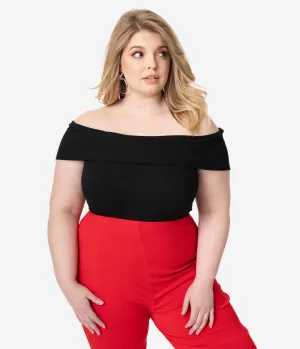 Unique Vintage Plus Size Black Ribbed Knit Off The Shoulder Imogen Top